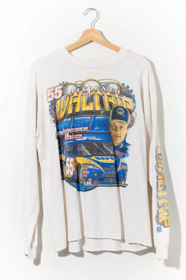商品Urban Outfitters|Vintage Y2K NASCAR All Over Print Long Sleeve Graphic T-Shirt White Michael Waltrip,价格¥1010,第1张图片