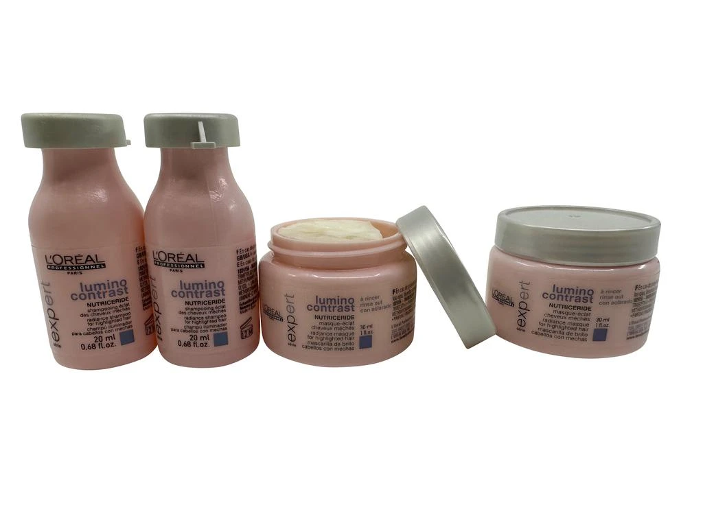 商品L'Oreal Paris|L'Oreal Lumino Contrast Radiance Shampoo .68 OZ & Radiance Mask 1 OZ Set of 4,价格¥115,第1张图片