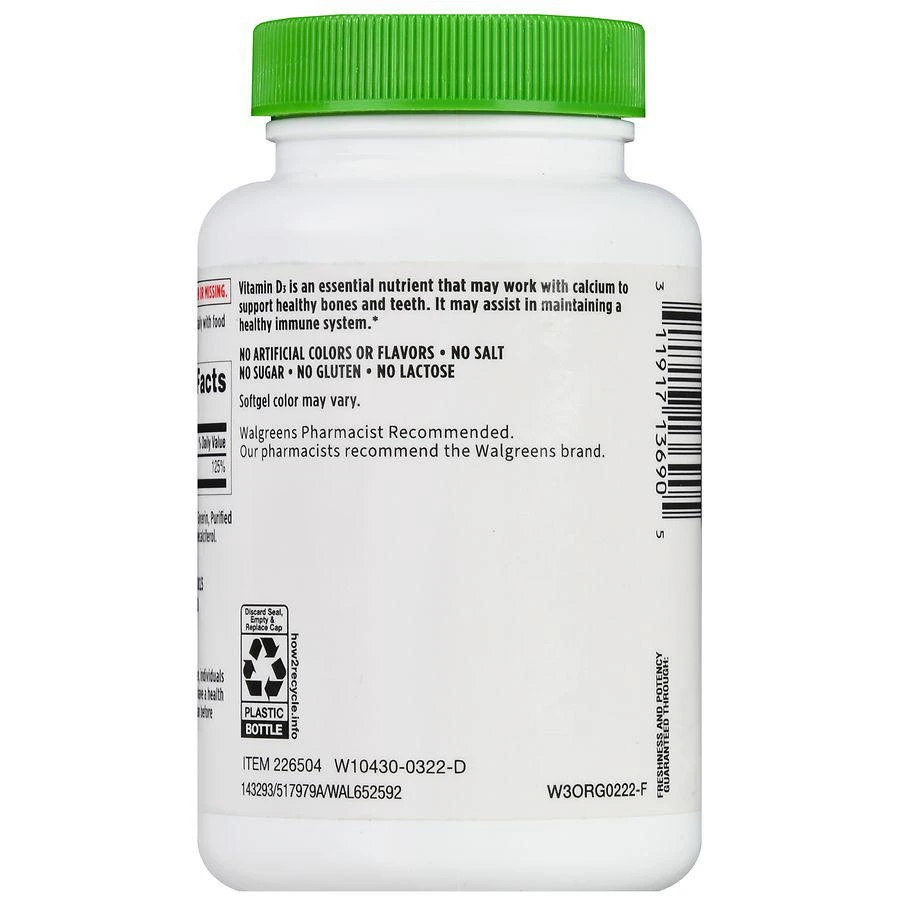 商品Walgreens|Vitamin D3 25 mcg (1000 IU) Softgels,价格¥208,第4张图片详细描述