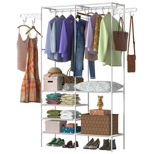 商品Fresh Fab Finds|Metal Garment Rack Shoe Clothing Organizer Shelves Freestanding Multifunctional Clothes Wardrobe White,价格¥436,第1张图片