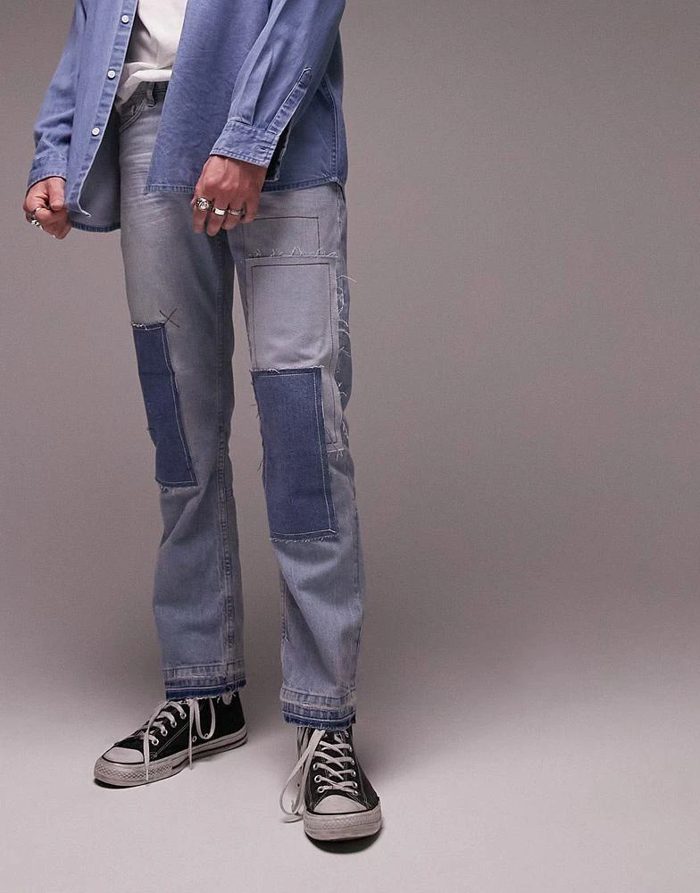 商品Topman|Topman straight patchwork jeans in mid wash  blue,价格¥253,第4张图片详细描述