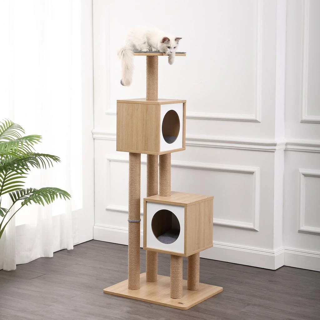 商品THE LICKER STORE|Sawyer 56" 3-Tier Minimalist Jute Cat Tree Condo with Scratching posts, and Fuzzy Toy, Brown/White,价格¥2593,第2张图片详细描述