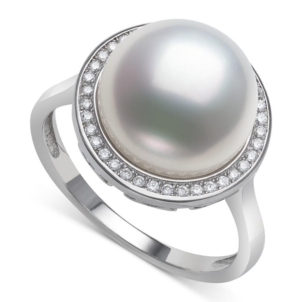 商品Belle de Mer|Cultured Freshwater Button Pearl (11mm) & Cubic Zirconia Halo Ring in Sterling Silver,价格¥458,第1张图片