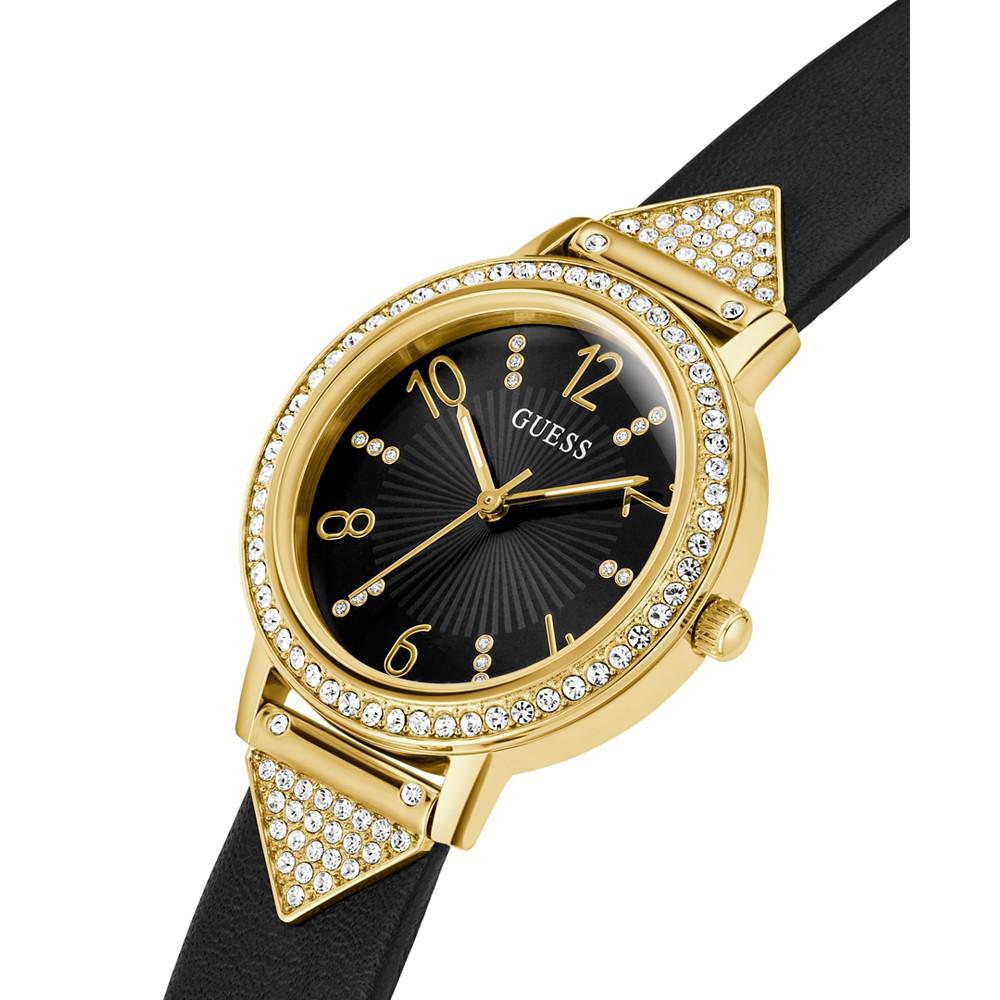 Women's Quartz Gold-Tone Glitz Black Leather Strap Watch 32mm商品第4张图片规格展示