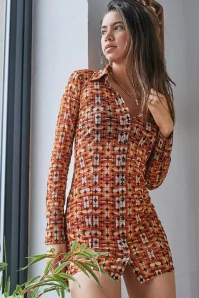 商品Urban Outfitters|UO Sharon 70s Geo Button-Through Mesh Shirt Dress,价格¥525,第1张图片