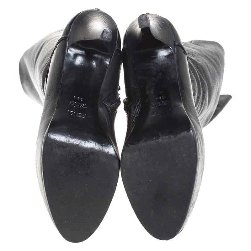 Fendi Black Textured Leather Mid Calf Platform Boots Size 38.5商品第6张图片规格展示