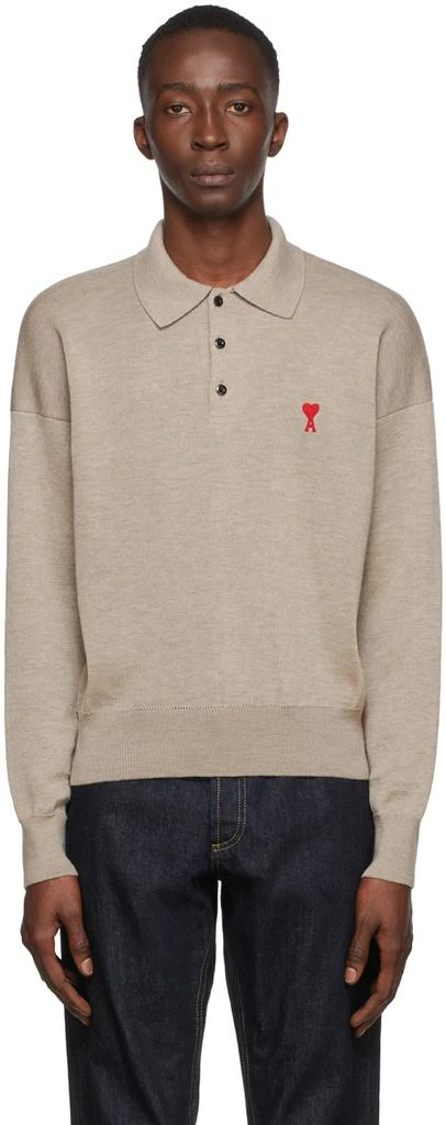 商品AMI|Beige Knit Ami de Cœur Long Sleeve Polo,价格¥1994,第1张图片