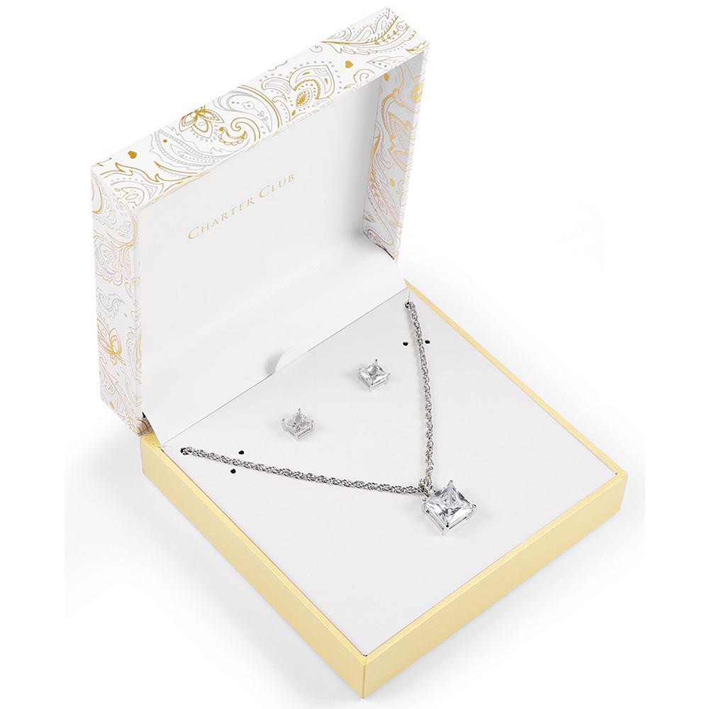 商品Charter Club|Silver-Tone Square Crystal Pendant Necklace & Stud Earrings Set, Created for Macy's,价格¥187,第5张图片详细描述