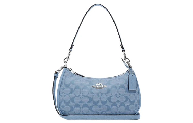 商品[国内直发] Coach|蔻驰 Teri 25 经典老花提花拉链开合香布蕾chambray 织物拼牛皮革 腋下包手提单肩包 中号 女款 淡蓝色,价格¥4003,第1张图片