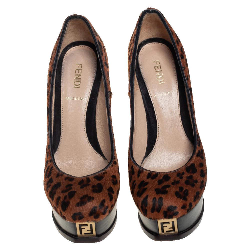 Fendi Brown Leopard Print Pony Hair Logo Decollete Heels Platform Pumps Size 35商品第3张图片规格展示