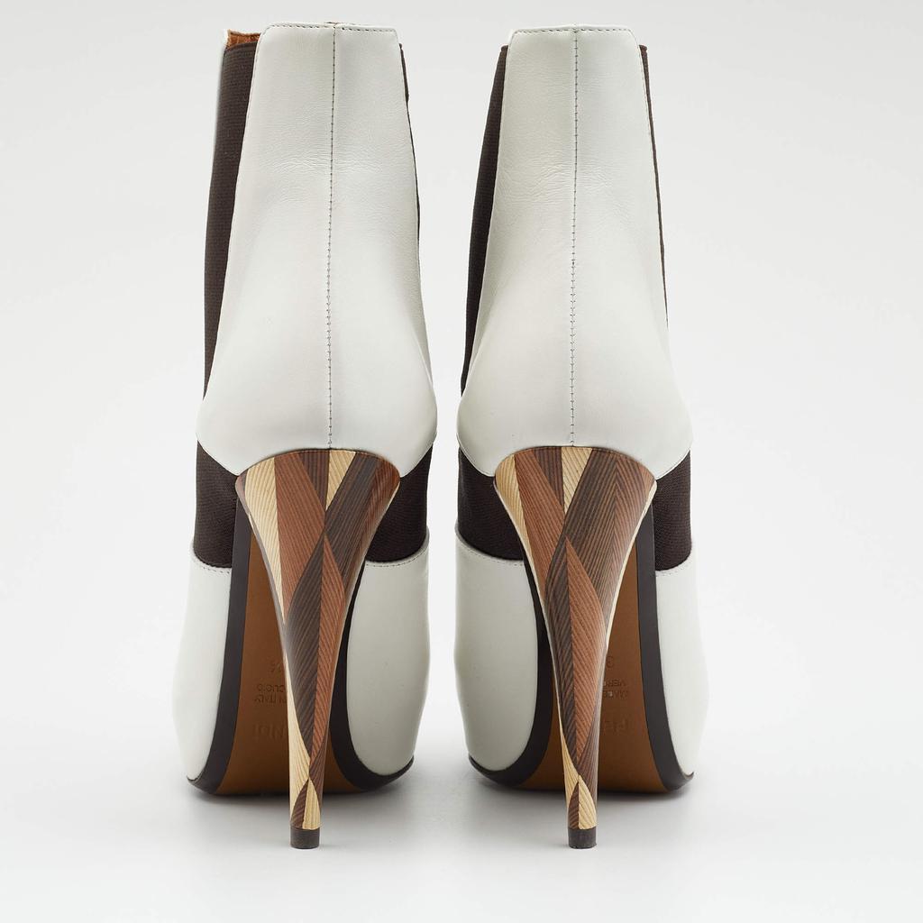 商品[二手商品] Fendi|Fendi White/Brown Leather And Stretch Fabric Platform Ankle Boots Size 37.5,价格¥4923,第7张图片详细描述