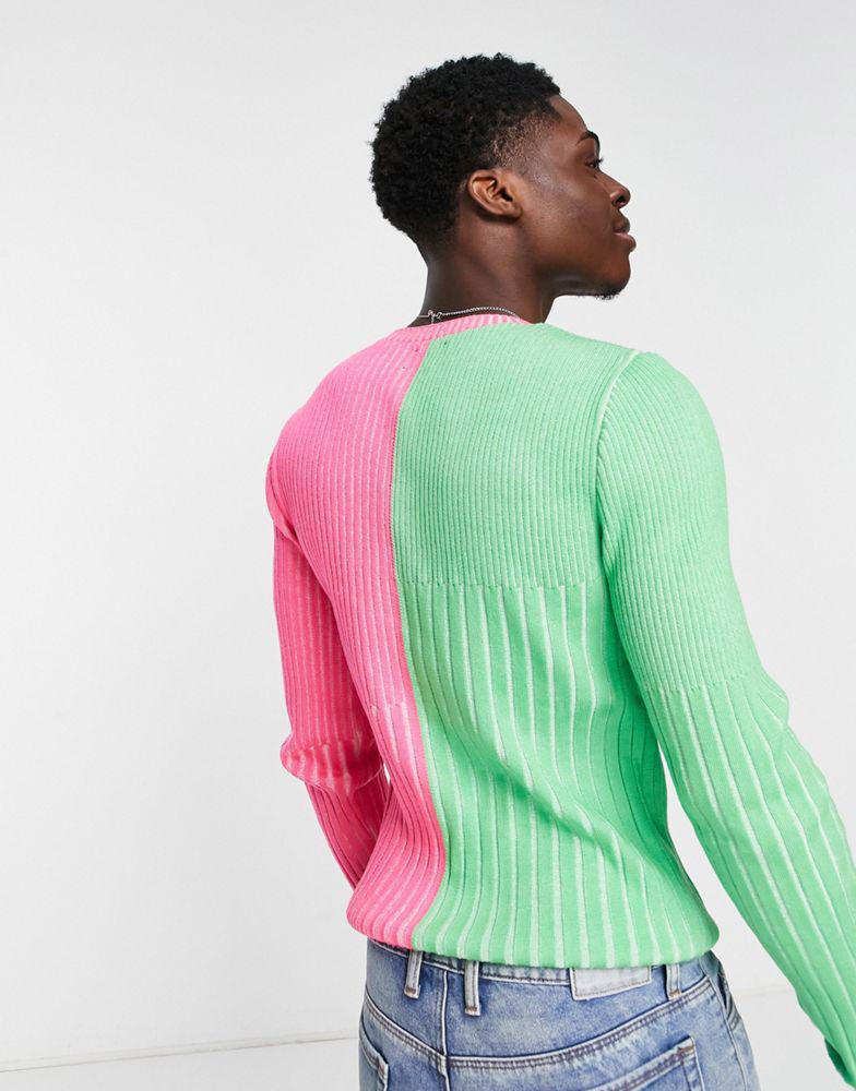 ASOS DESIGN knitted muscle fit rib jumper in neon pink & green商品第2张图片规格展示