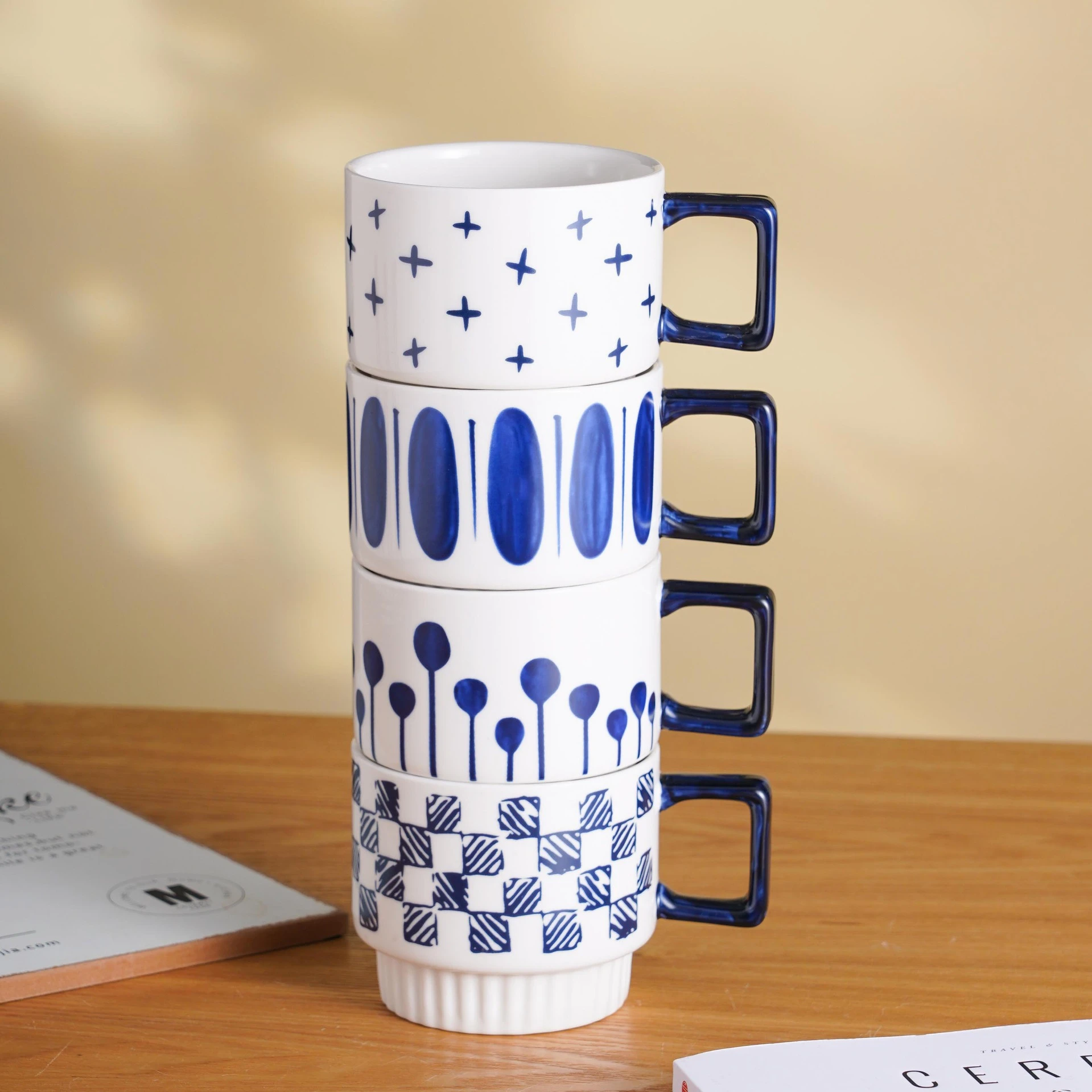 ins美式复古叠叠杯小众手绘陶瓷马克杯高颜值可爱情侣咖啡杯 商品