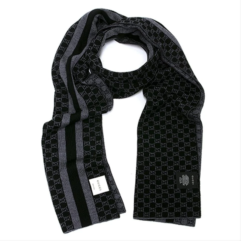 商品Gucci|Gucci 古驰GG字母图网状条纹羊毛围巾 - 黑色/灰色,价格¥3584,第2张图片详细描述