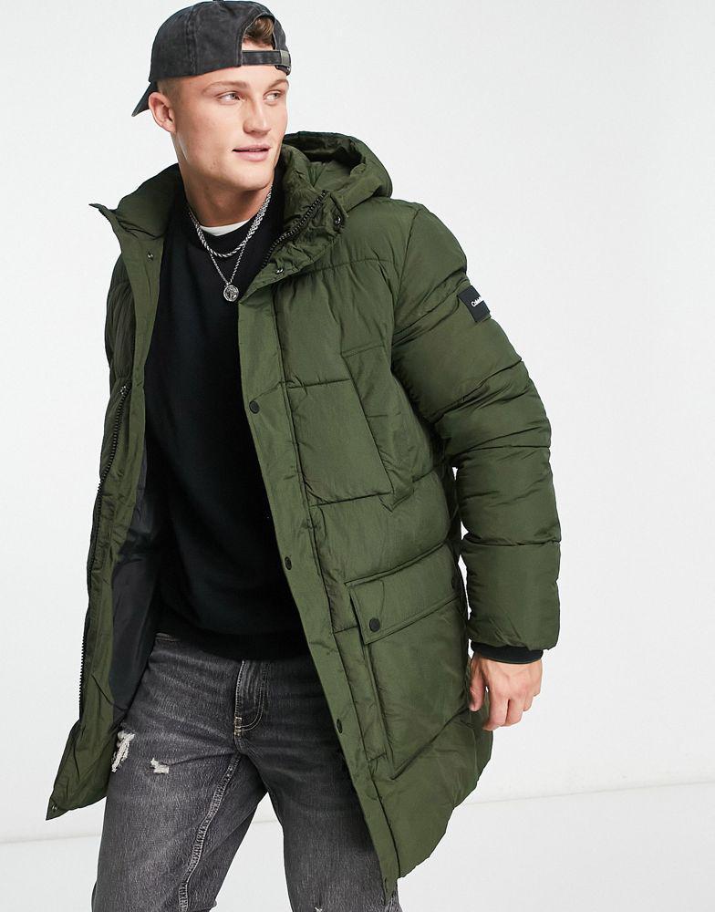 商品Calvin Klein|Calvin Klein crinkle nylon longline hooded puffer jacket in dark green,价格¥3238,第5张图片详细描述