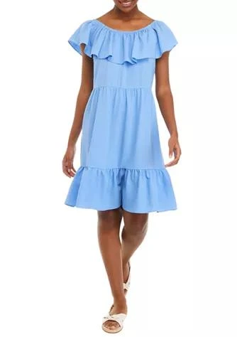 商品Sandra Darren|Darren Womens Off The Shoulder Flounce Hem Clip Dot Dress,价格¥197,第1张图片