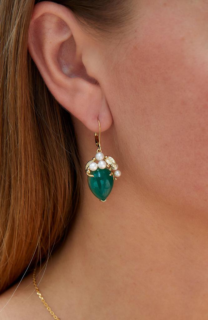 18K Gold Vermeil Green Onyx And Pearl Drop Earrings商品第2张图片规格展示