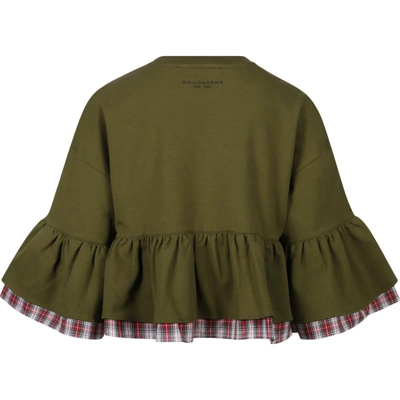 商品PHILOSOPHY di LORENZO SERAFINI|Tartan detailing ruffled logo cropped sweatshirt in olive green,价格¥1254,第2张图片详细描述