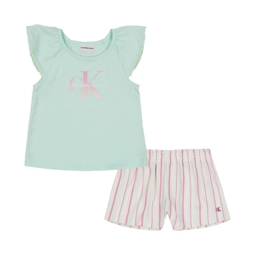商品Calvin Klein|Little Girls Slub Jersey Logo T-shirt Striped Popcorn Shorts, 2 Piece Set,价格¥85,第1张图片
