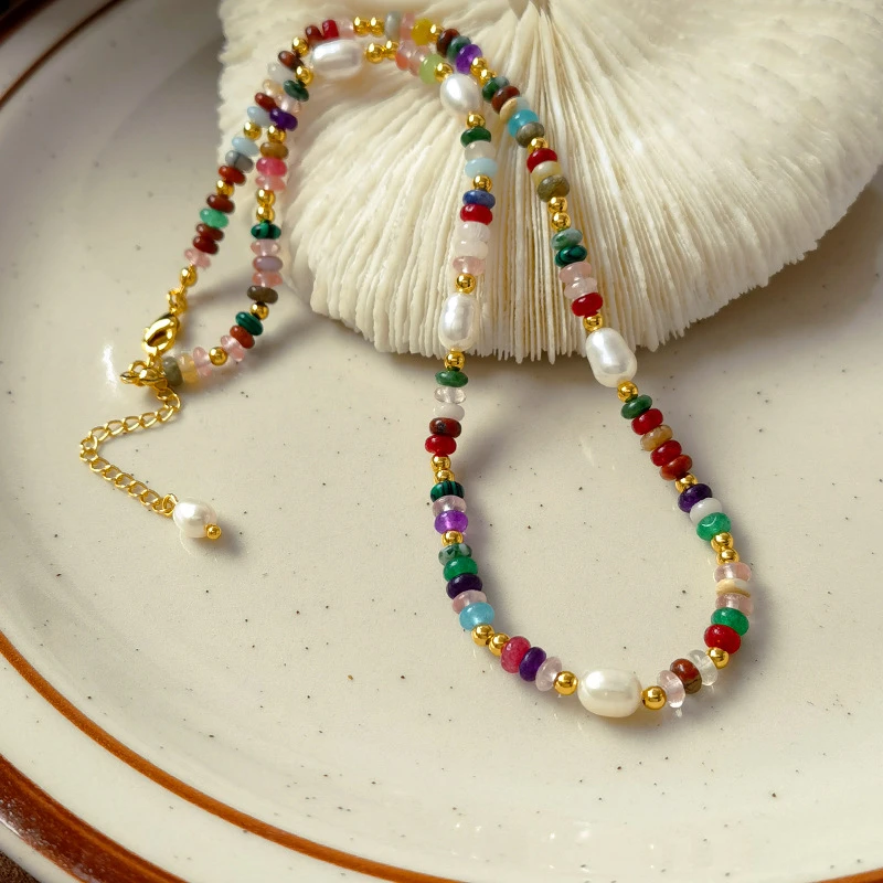 波西米亚复古小众撞色天然石串珠气质淡水米粒珍珠项链+手链 商品