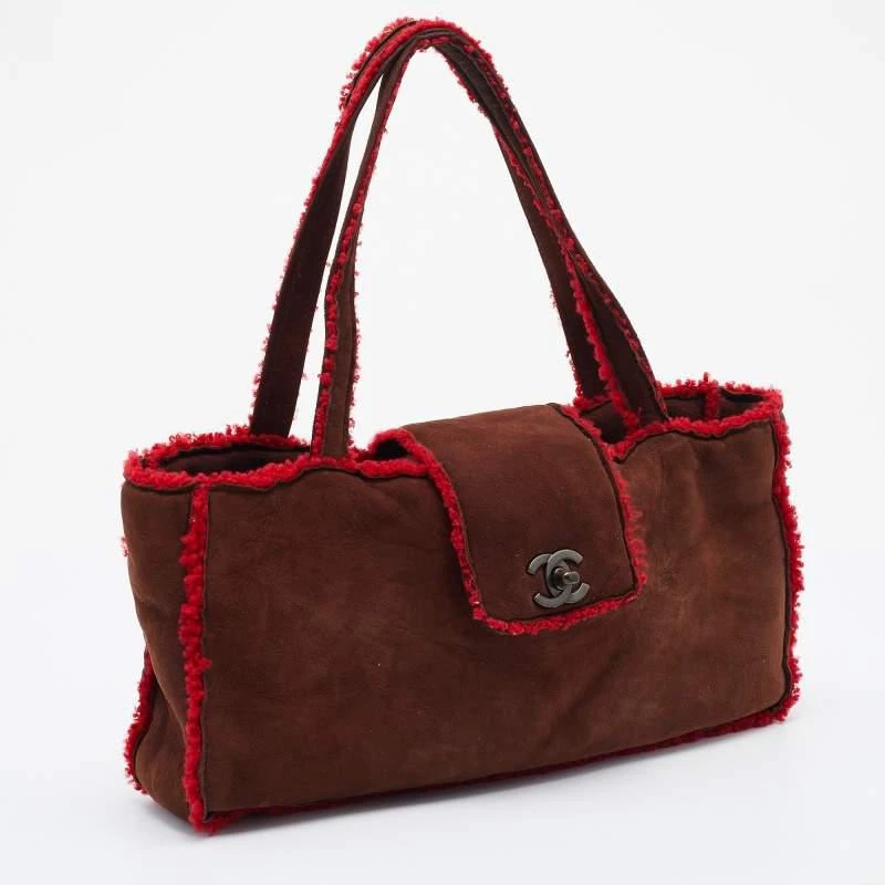商品[二手商品] Chanel|Chanel Brown/Red Suede and Wool CC Vintage Flap Bag,价格¥5681,第3张图片详细描述