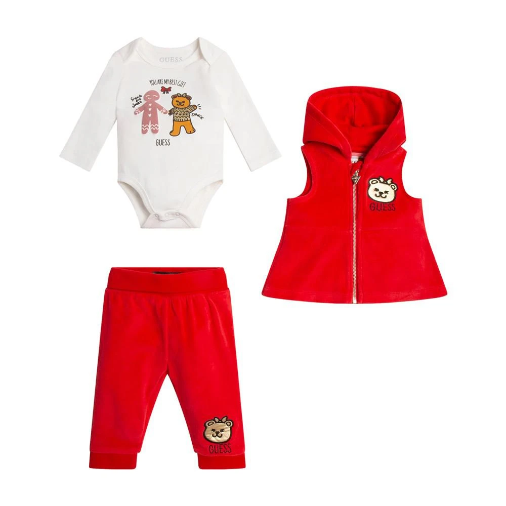商品GUESS|Baby Girls Metallic Print Bodysuit with Velour Vest and Joggers 3 Piece Set,价格¥233,第1张图片