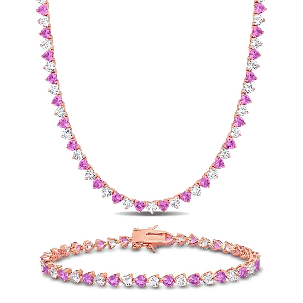 商品Mimi & Max|43 1/5ct TGW Created Pink White Sapphire Tennis Bracelet and Necklace Rose Silver,价格¥1318,第1张图片