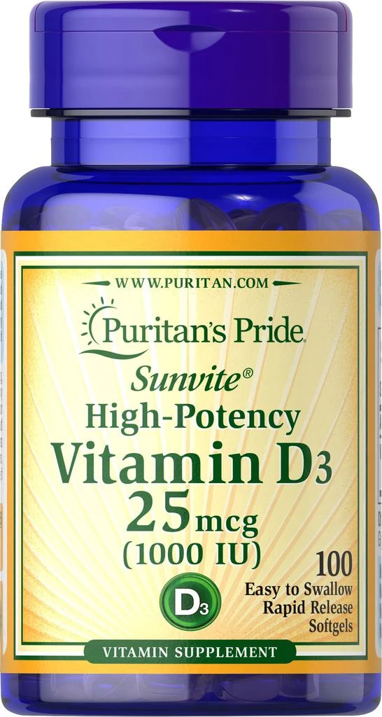 商品Puritan's Pride|Vitamin D3 25 mcg (1000 IU) 100 softgels,价格¥60-¥119,第1张图片