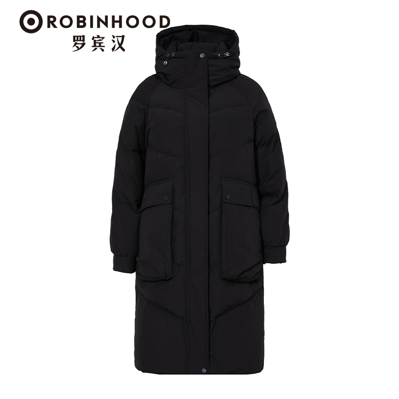 罗宾汉时尚潮流大口袋中长款羽绒服-R228Y6009-黑色商品第1张图片规格展示