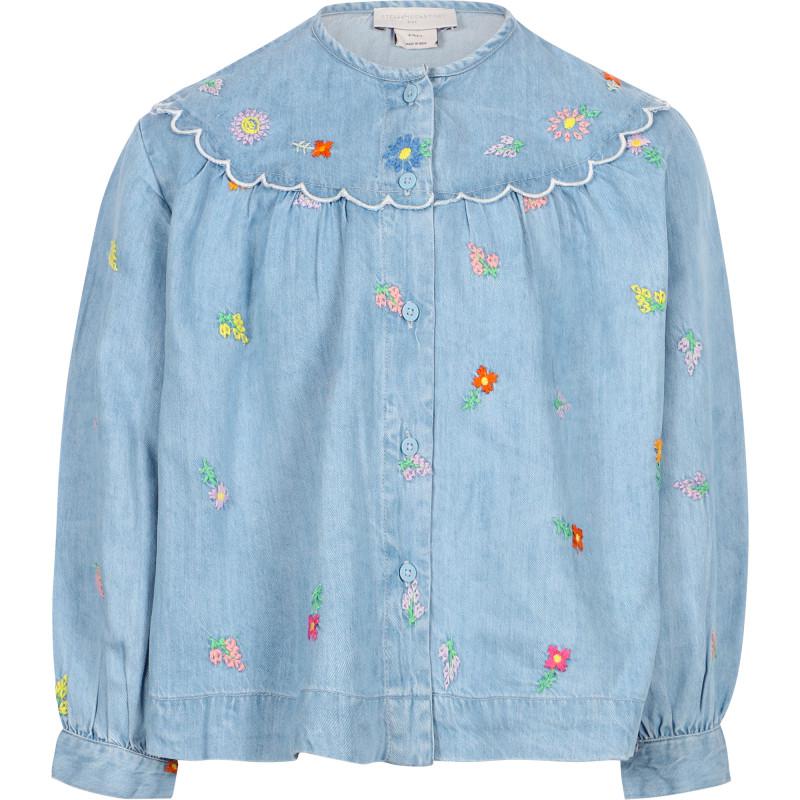 Colorful embroidered flowers denim shirt in blue商品第1张图片规格展示