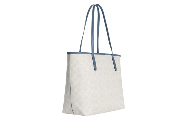 商品[国内直发] Coach|蔻驰 City 33 经典老花印花内置拉链 人造革 托特包Tote包购物袋单肩手提包 大号 女款 粉笔白色拼靛蓝色,价格¥1905,第3张图片详细描述