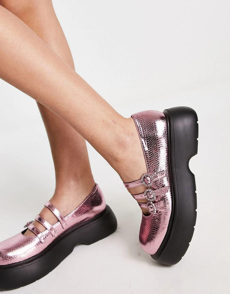 商品ASOS|ASOS DESIGN Missy chunky mary jane shoes with diamonte buckles in pink metallic,价格¥115,第1张图片