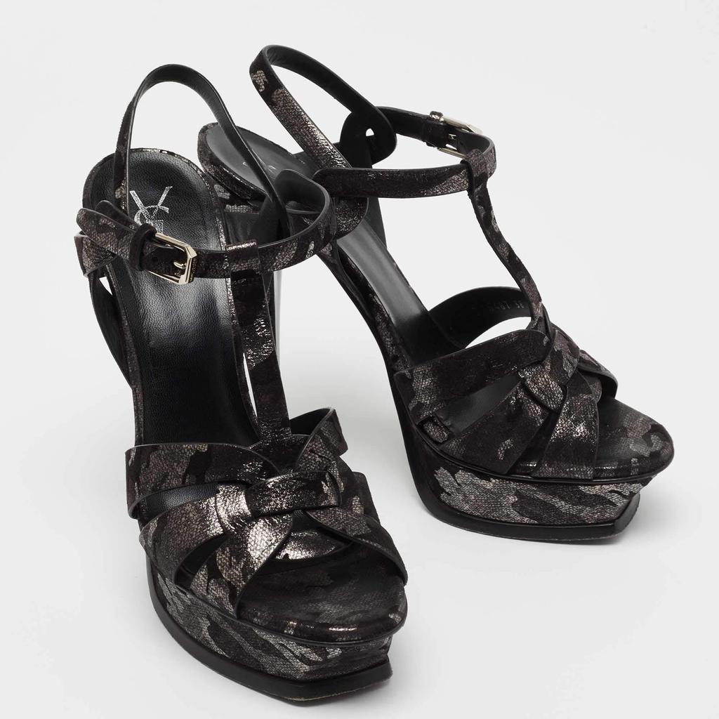 Yves Saint Laurent Black/Silver  Suede Tribute Ankle Strap  Sandals Size 38商品第4张图片规格展示