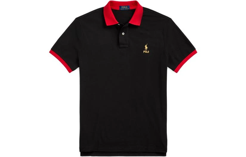 商品[国内直发] Ralph Lauren|SS23 条纹边饰Logo刺绣休闲短袖Polo衫 男款 黑色,价格¥781,第1张图片