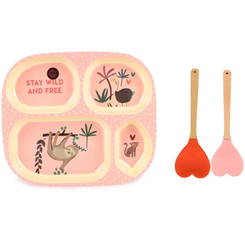 商品Rice by Rice|Love heart shape silicone spoons and jungle animals plate with 4 compartments set in red and pink,价格¥335,第1张图片