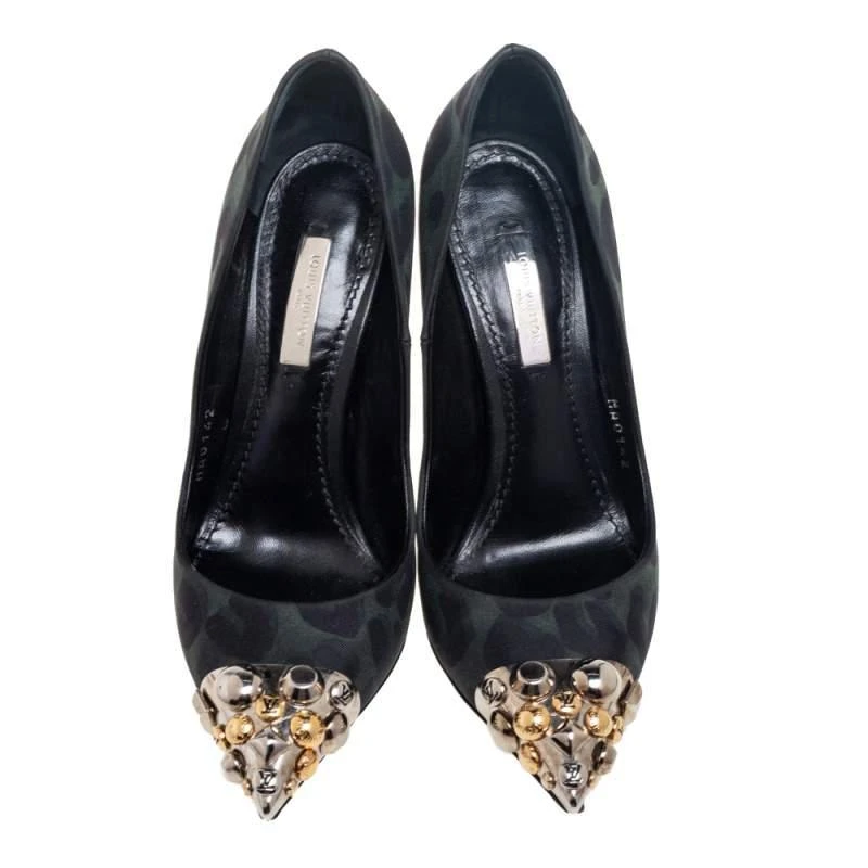 商品[二手商品] Louis Vuitton|Louis Vuitton Green/Black Leopard Print Fabric Bernice Studded Pumps Size 36,价格¥1519,第3张图片详细描述