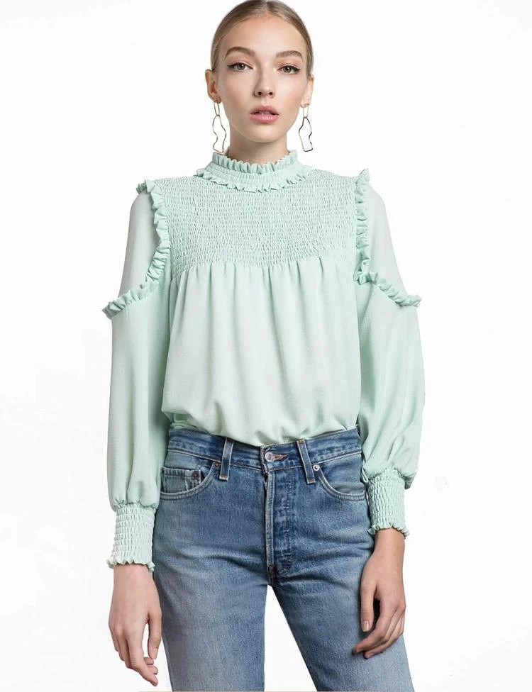 商品Pixie Market|Mint Ruffled Mock Neck Blouse,价格¥372,第4张图片详细描述