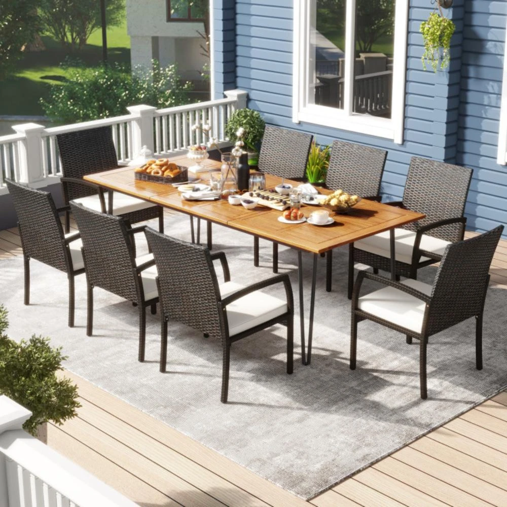 商品Hivvago|9 Pieces Outdoor Patio Dining Set with Soft Cushions and Acacia Wood Square Table,价格¥6217,第2张图片详细描述