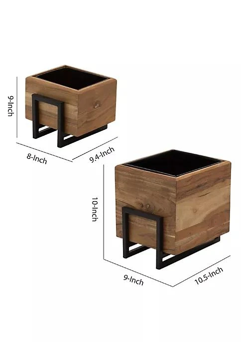 商品Duna Range|Range Square Wooden Planter With Metal Base And Grain Details Set Of 2 Brown,价格¥838,第5张图片详细描述