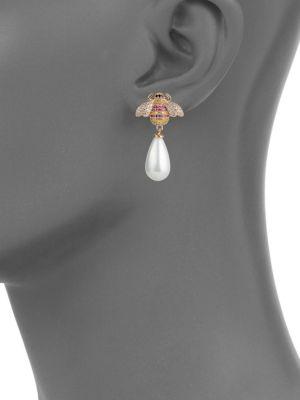 Luxe White Pearl & Crystal Bee Drop Earrings商品第2张图片规格展示