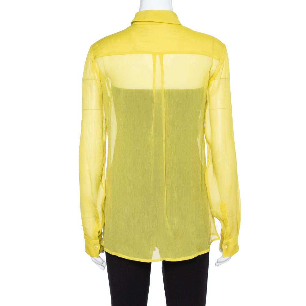 Prada Yellow Silk Crepon Ruffle Front Sheer Blouse M商品第3张图片规格展示