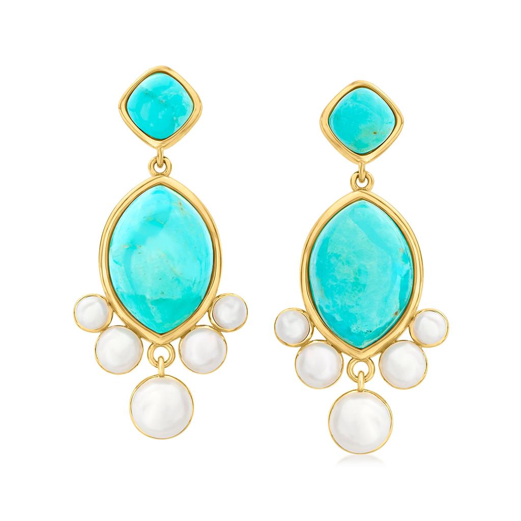 Ross-Simons Cultured Pearl and Turquoise Drop Earrings in 18kt Gold Over Sterling商品第1张图片规格展示