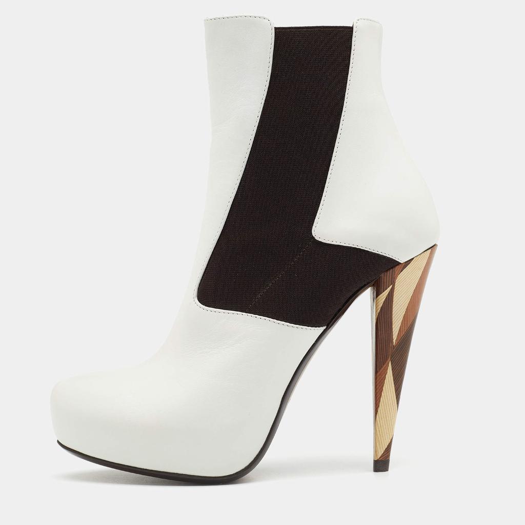 商品[二手商品] Fendi|Fendi White/Brown Leather And Stretch Fabric Platform Ankle Boots Size 37.5,价格¥4923,第1张图片