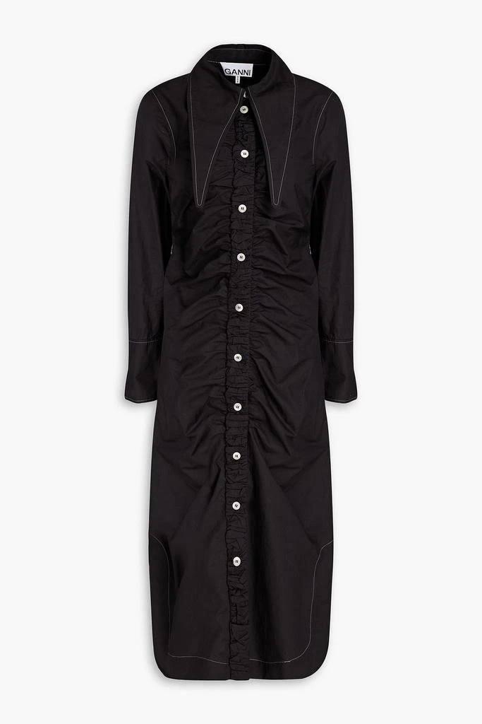 商品Ganni|Ruched cotton-poplin midi shirt dress,价格¥515,第1张图片