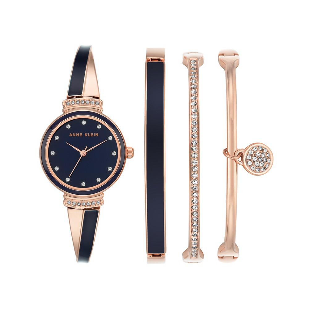 Women's Rose Gold-Tone Alloy Bangle with Navy Enamel and Crystal Accents Fashion Watch 33.5mm Set 4 Pieces商品第1张图片规格展示