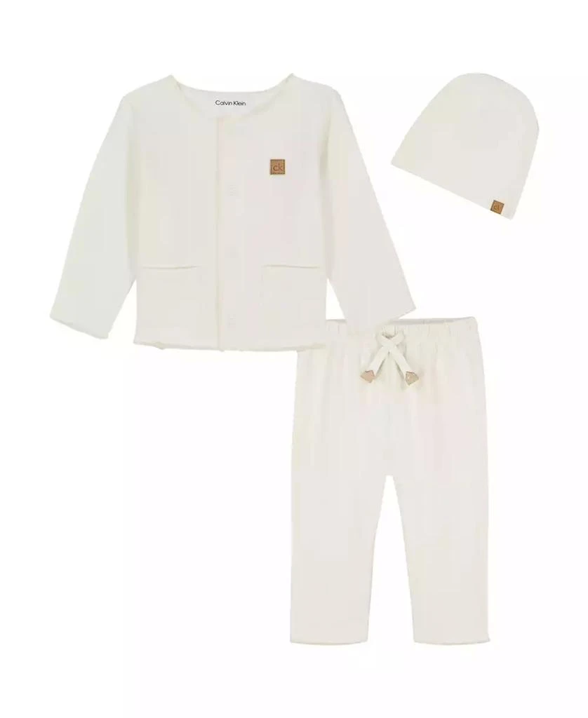 商品Calvin Klein|Baby Boys 3-Piece Take-Me-Home Cardigan, Pant and Cap Set,价格¥81,第1张图片