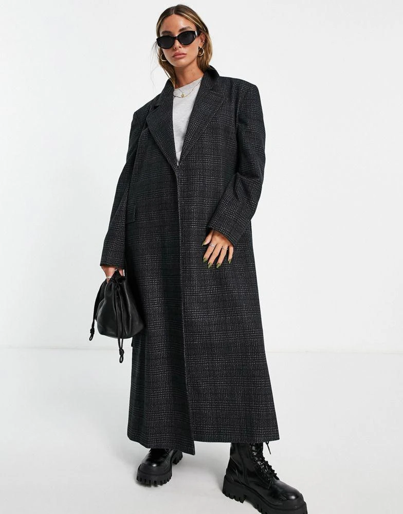 商品Topshop|Topshop wrap belted maxi coat in charcoal check,价格¥544,第1张图片