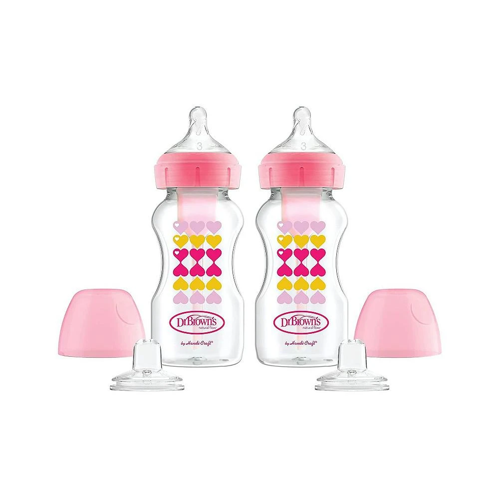 商品Dr. Browns|Anti-Colic Options+ Wide-Neck Baby Bottle to Sippy Bottle, 9oz, 2 pack, Pink,价格¥205,第1张图片