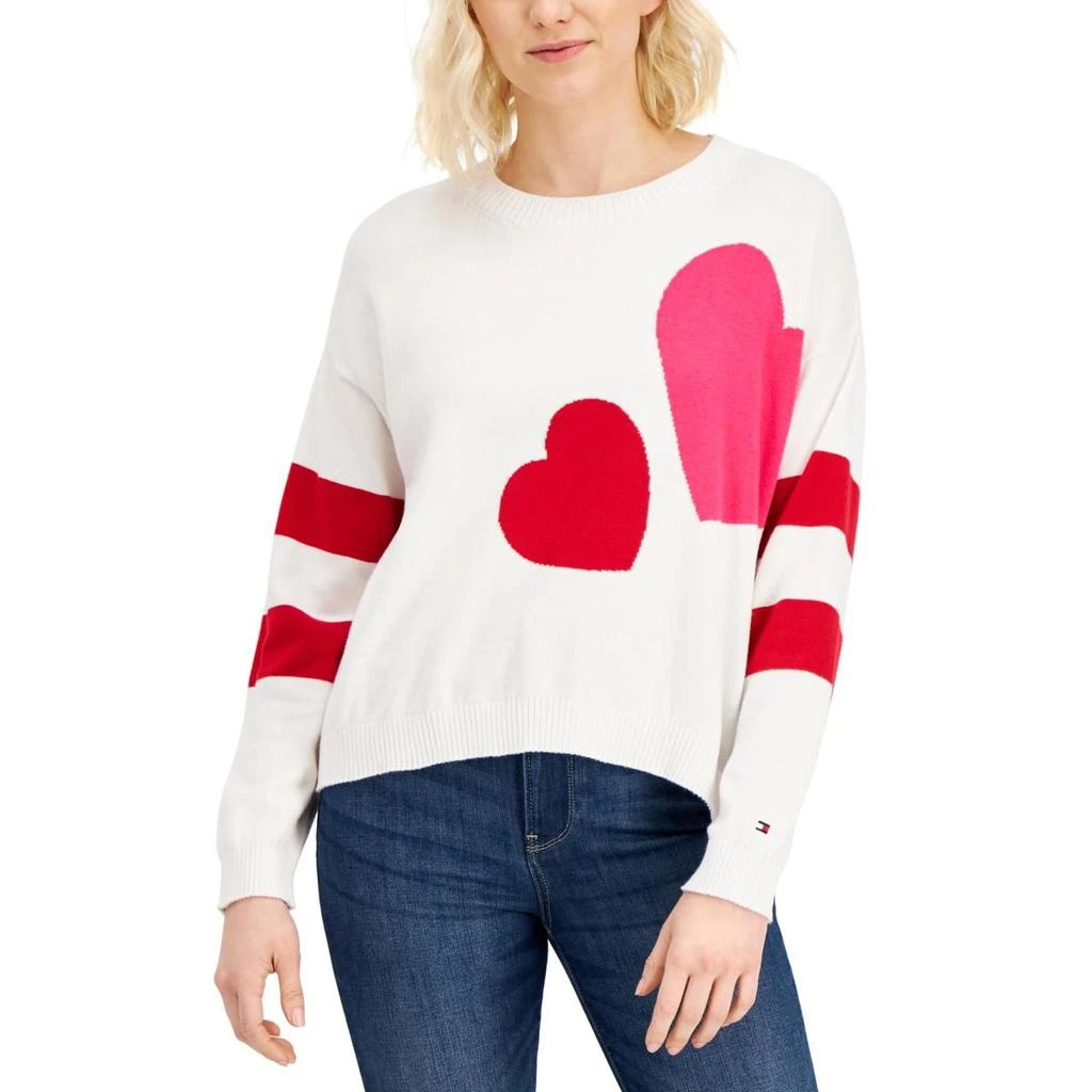 商品Tommy Hilfiger|Tommy Hilfiger Womens Double Heart Graphic Stripe Trim Crewneck Sweater,价格¥245,第1张图片