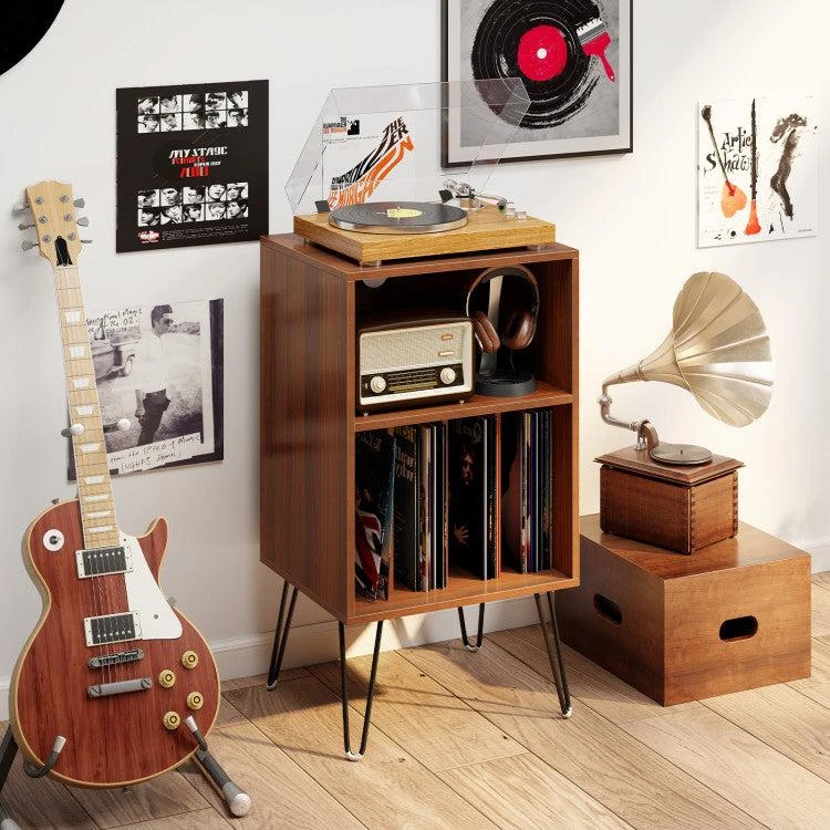 商品Hivvago|Record Player Stand with Charging Station Turntable Stand with Vinyl Storage-Walnut,价格¥1035,第2张图片详细描述